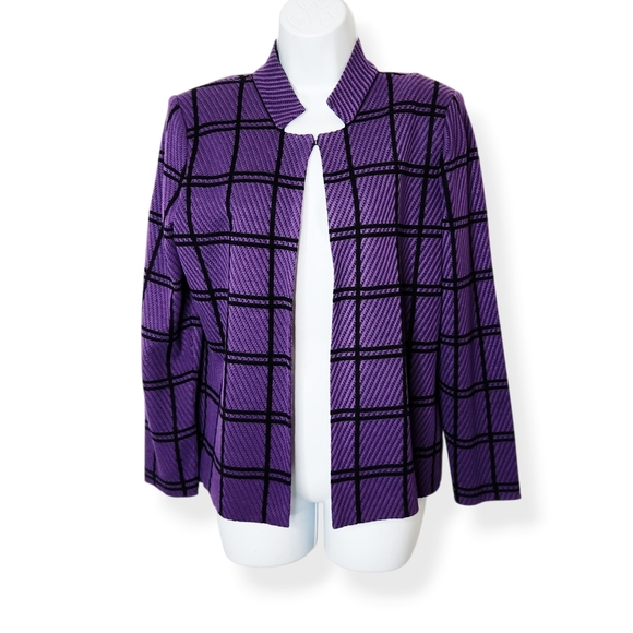 Ming Wang Sweaters - Ming Wang Women's Purple Black Plaid Open Front Cardigan Sweater Size Small